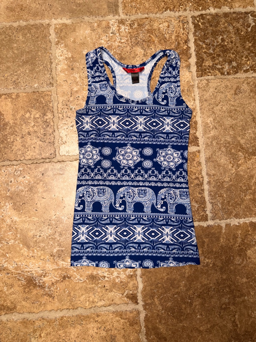 Hot Kiss Women’s Size Medium Blue and White Elephant Print Racerback Tank